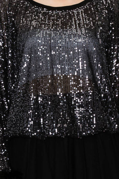 Black Sequin Top with Faux Feather Trimmed Sleeve