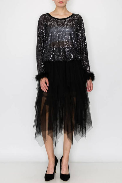 Black Sequin Top with Faux Feather Trimmed Sleeve