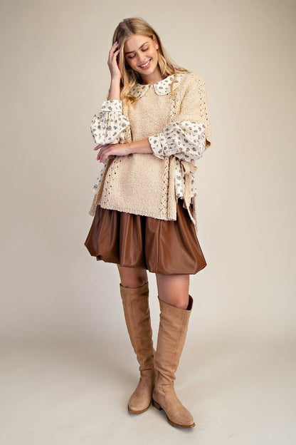 EASEL Boho Lace Trim Poncho Sweater with Side Ties