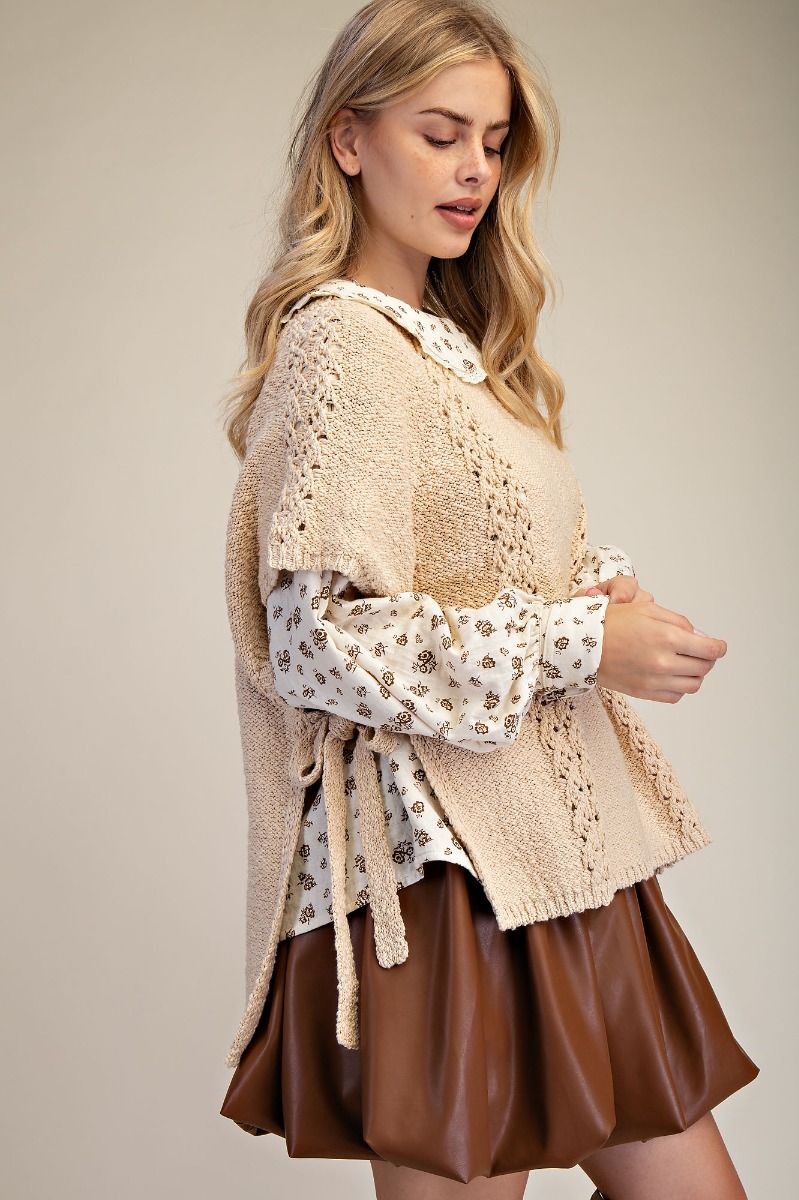 EASEL Boho Lace Trim Poncho Sweater with Side Ties