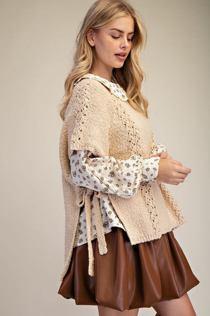 EASEL Boho Lace Trim Poncho Sweater with Side Ties