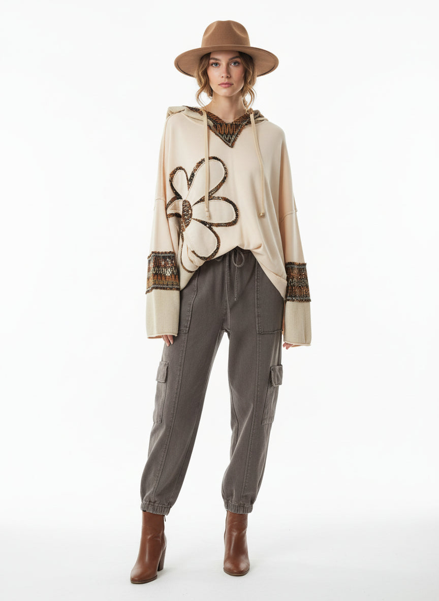 EASEL DAISY PATCH WASHED TERRY HOODIE PULLOVER