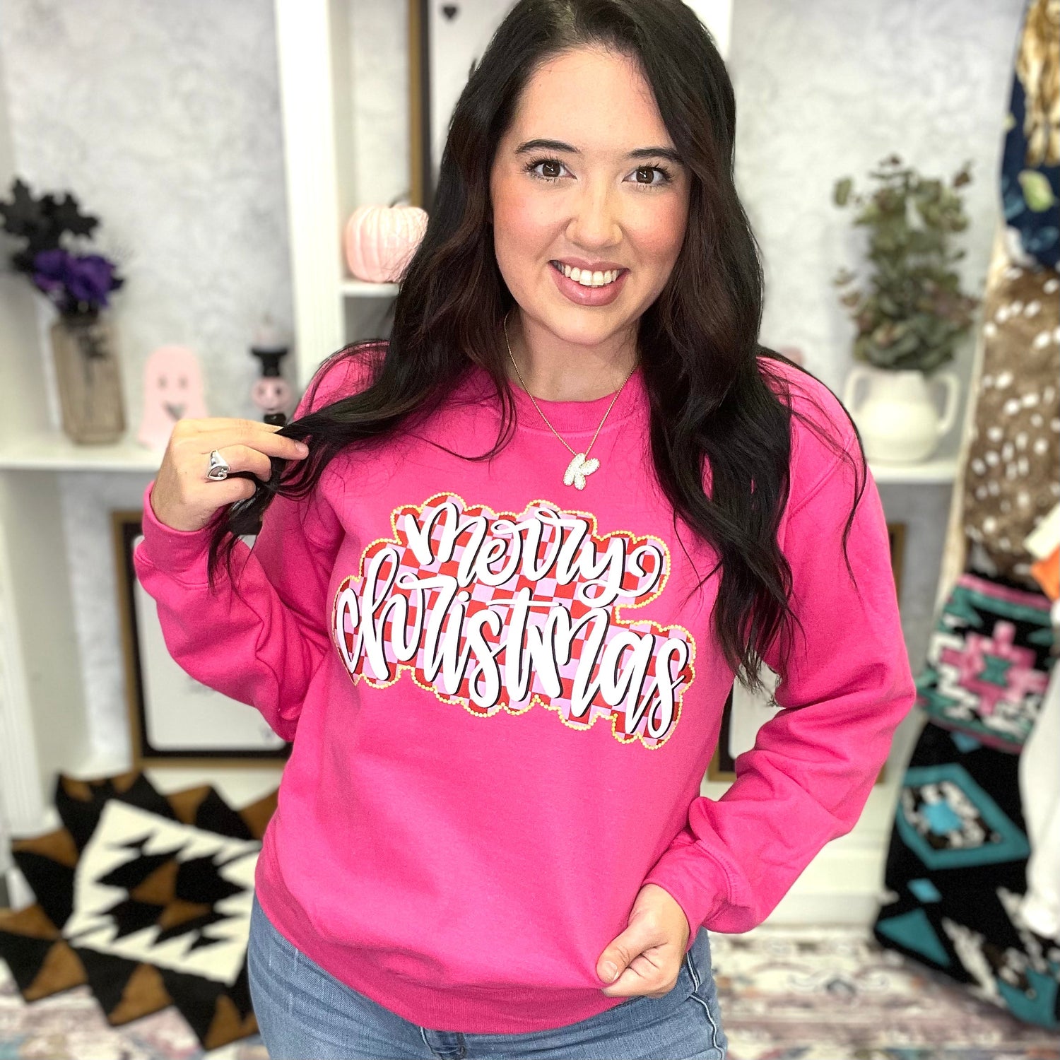 Merry Christmas Checkered Graphic Crewneck