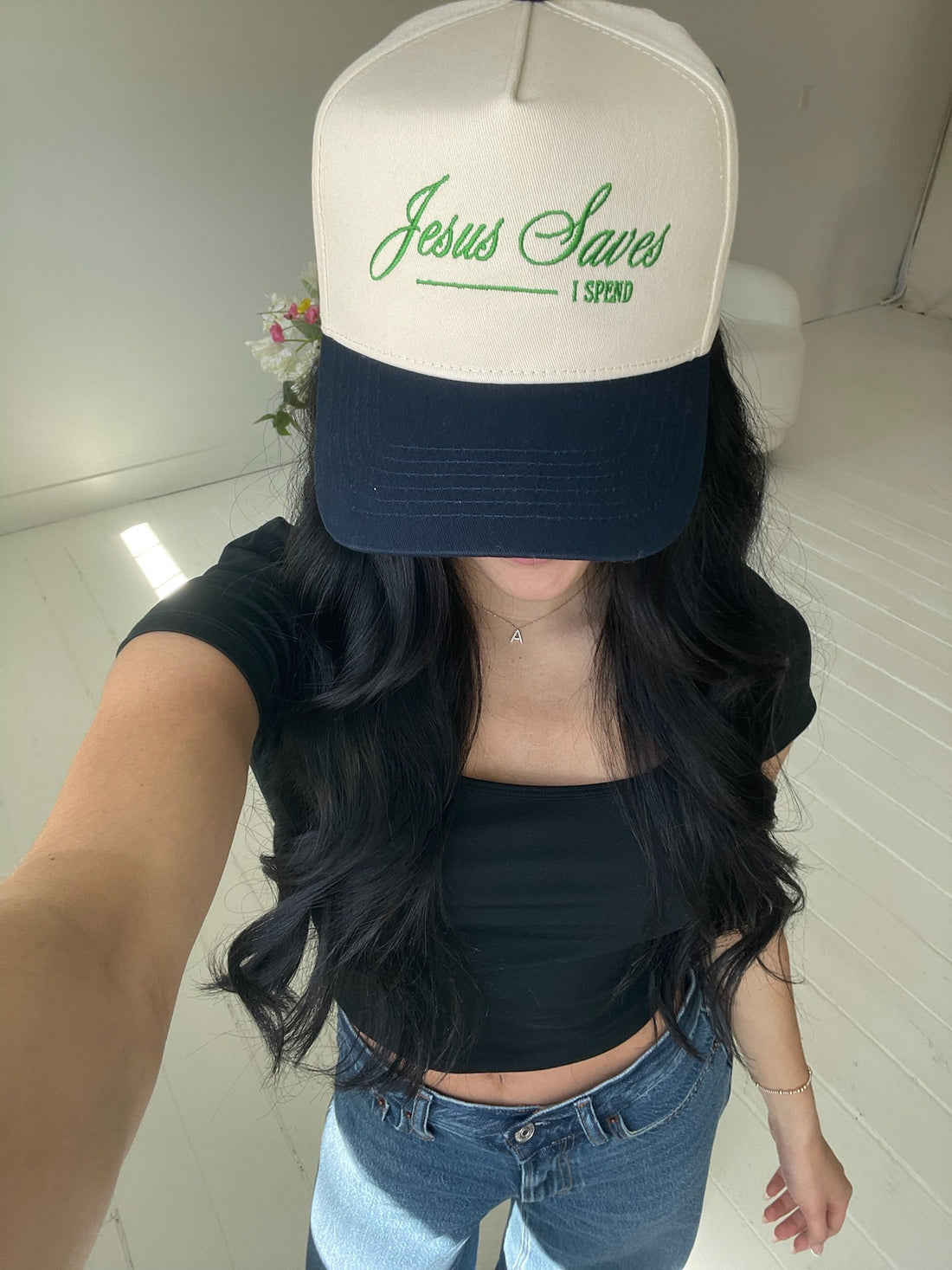 Jesus Saves, I Spend - Navy Vintage Trucker Hat