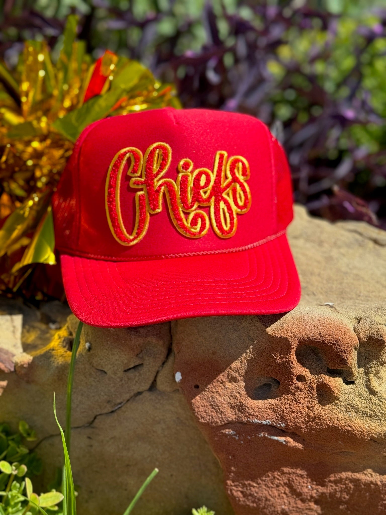 Red &amp; Gold Chiefs Chenille Patch Trucker Cap by Randi Mahomes