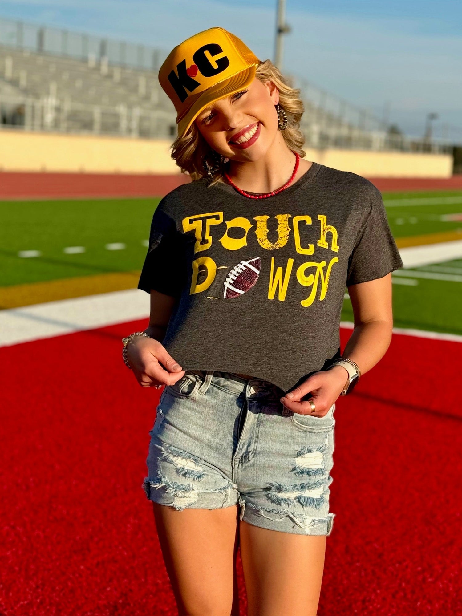 Tees Gold Touchdown with Red Sequin Football by Randi Mahomes