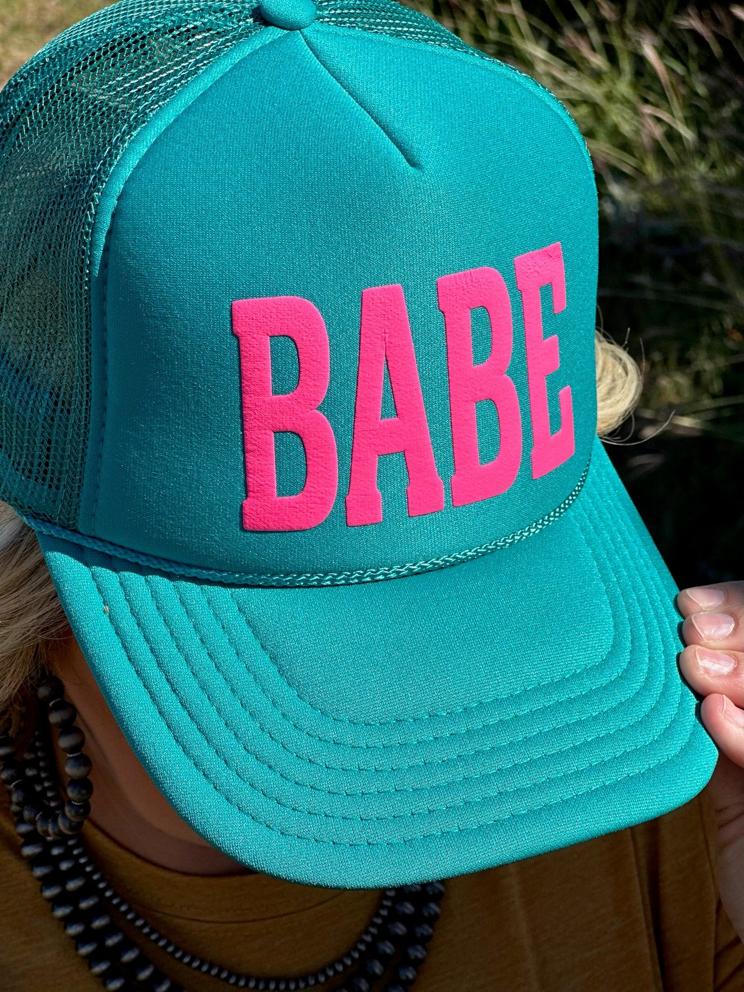 Hats Babe in Pink Puff on Turquoise Trucker Cap