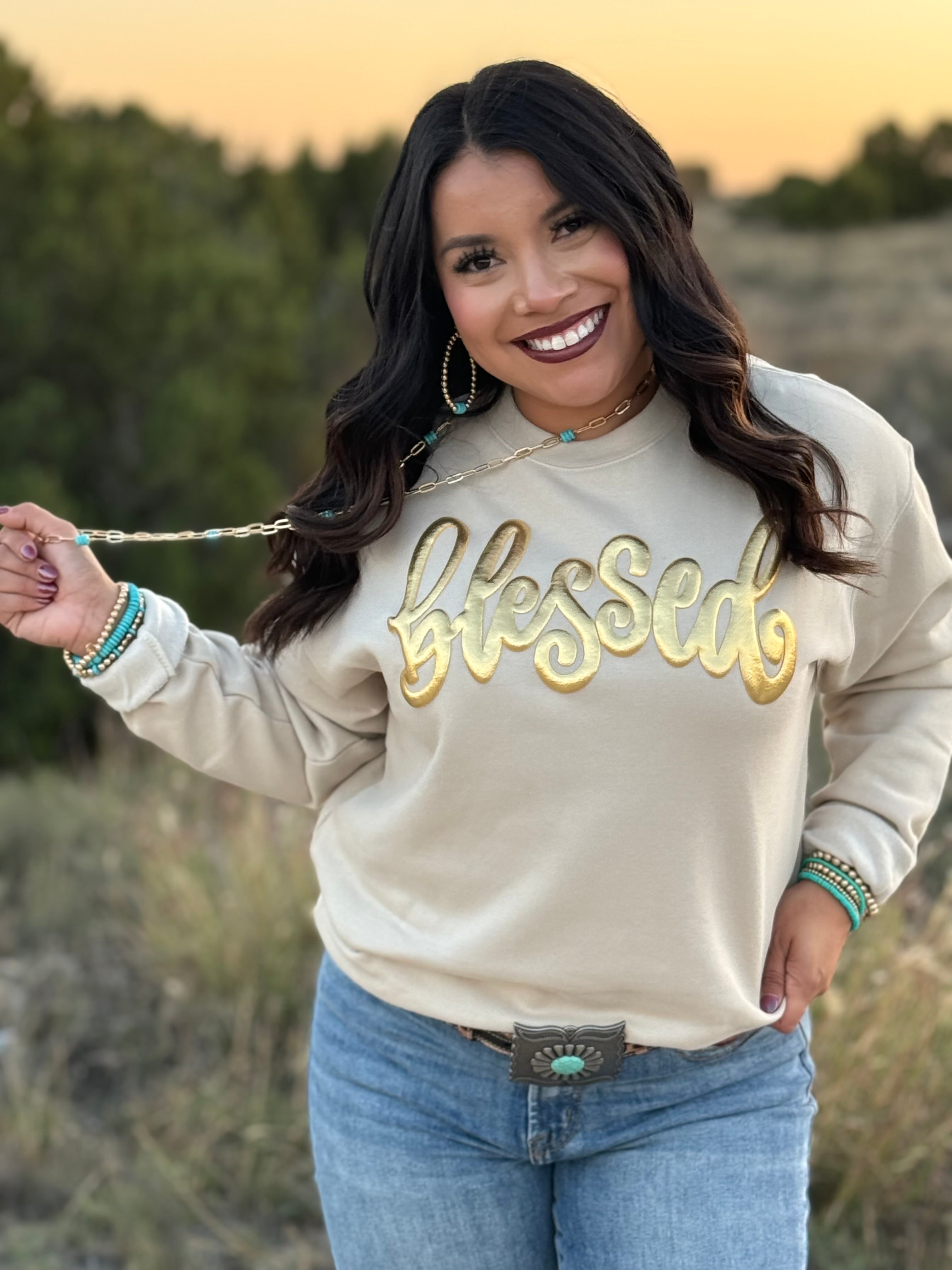 Blessed in Gold Metallic Puff Sweatshirt