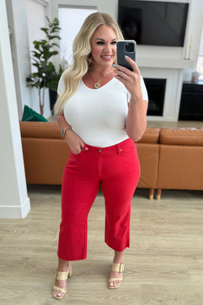 Denim Lisa High Rise Control Top Wide Leg Crop Jeans in Red