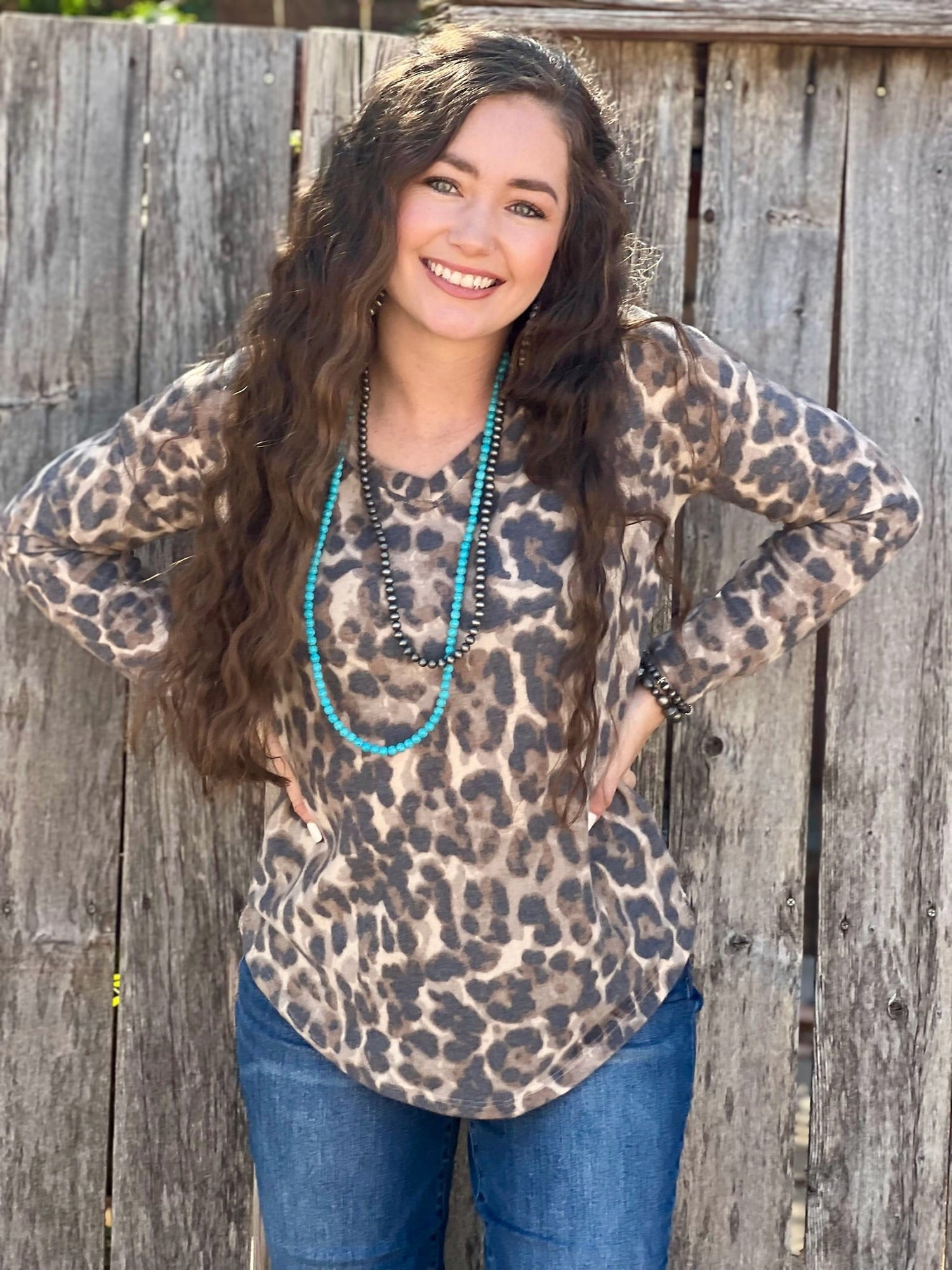 Fuzzy Leopard Long-Sleeve V-Neck Top