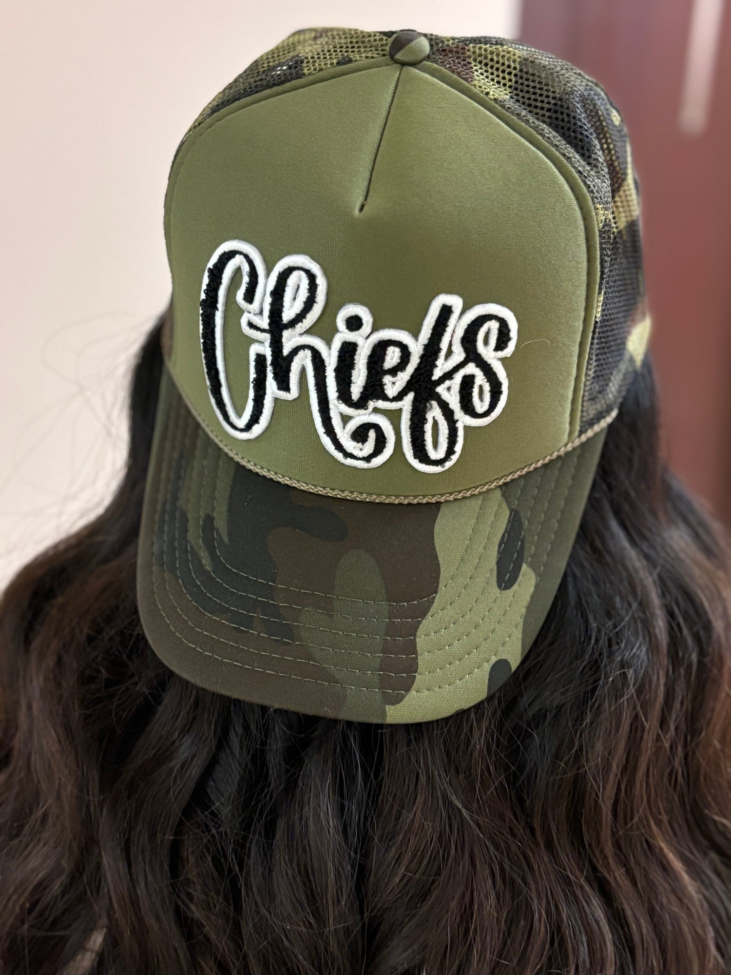 Black &amp; White Chiefs Chenille Patch Trucker Cap by Randi Mahomes