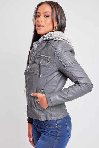 Women's Winter Faux Leather Jacket with Sherpa Fur Hoodie