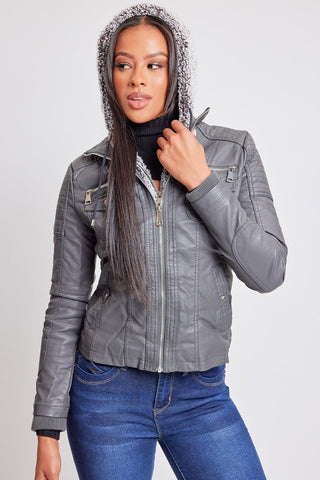 Women's Winter Faux Leather Jacket with Sherpa Fur Hoodie