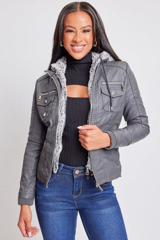 Women's Winter Faux Leather Jacket with Sherpa Fur Hoodie