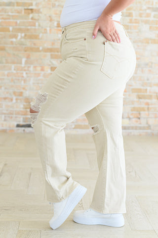 Denim Selena High Rise Distressed 90's Straight Jeans in Bone