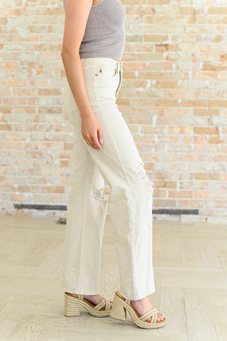 Denim Selena High Rise Distressed 90's Straight Jeans in Bone