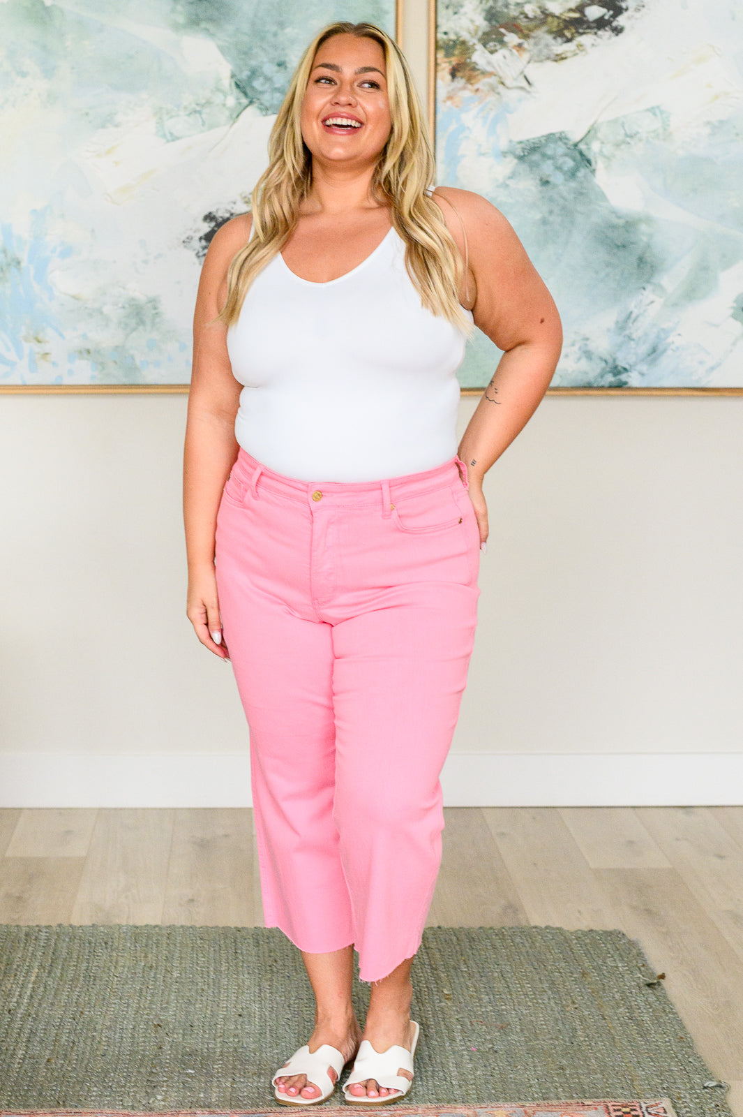 Denim Lisa High Rise Control Top Wide Leg Crop Jeans in Pink