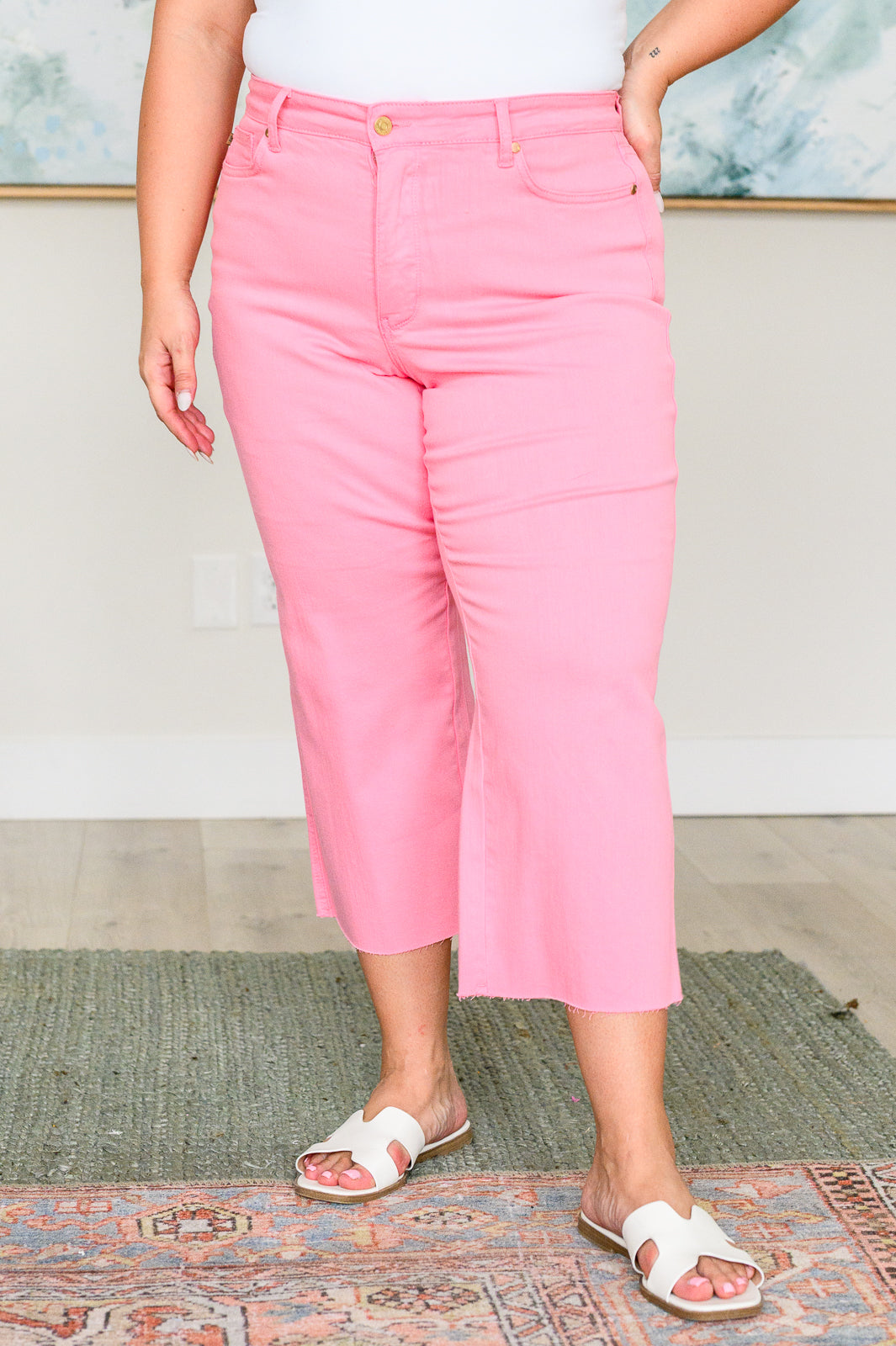 Denim Lisa High Rise Control Top Wide Leg Crop Jeans in Pink