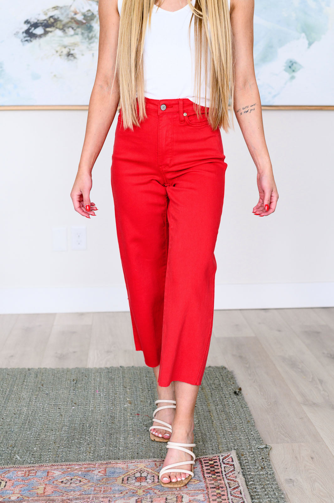 Denim Lisa High Rise Control Top Wide Leg Crop Jeans in Red