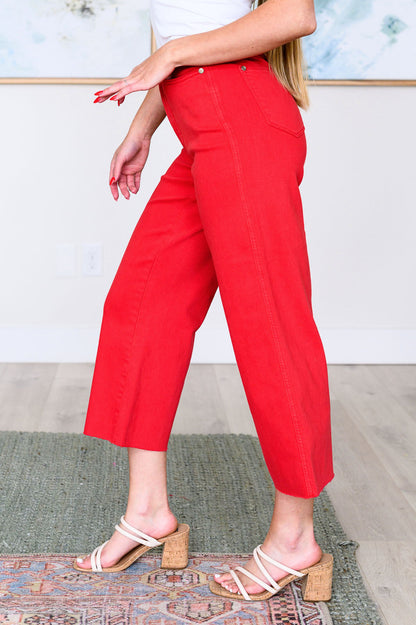 Denim Lisa High Rise Control Top Wide Leg Crop Jeans in Red