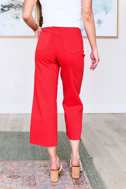 Denim Lisa High Rise Control Top Wide Leg Crop Jeans in Red