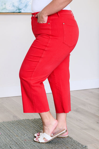 Denim Lisa High Rise Control Top Wide Leg Crop Jeans in Red