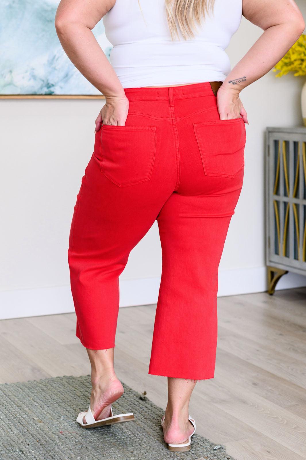 Denim Lisa High Rise Control Top Wide Leg Crop Jeans in Red