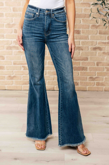 Denim Miley High Waist Control Top Frayed Hem Flare Jeans