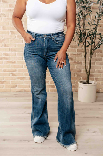 Denim Miley High Waist Control Top Frayed Hem Flare Jeans