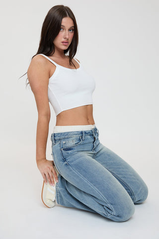 Pants Women's Mid Rise Relax Fit Wide Leg Boxer Jeans