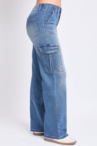 Women's High Rise Elastic Waist Cargo Straight  Jeans
