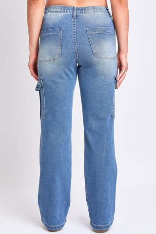 Women's High Rise Elastic Waist Cargo Straight  Jeans