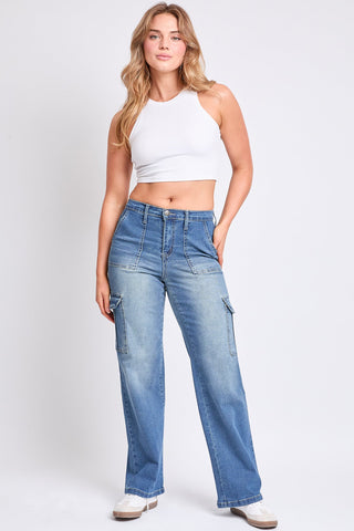 Women's High Rise Elastic Waist Cargo Straight  Jeans