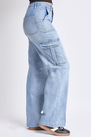 Women's High Rise Elastic Waist Cargo Straight  Jeans