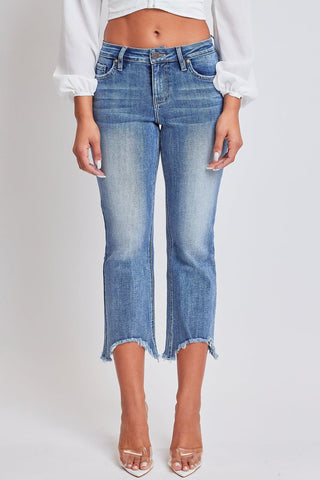 Pants Women's Mid Rise Kick Flare Fray Hem Cropped Jeans