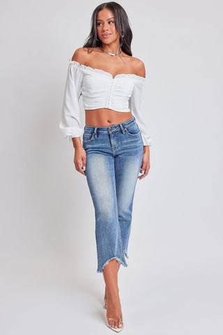 Pants Women's Mid Rise Kick Flare Fray Hem Cropped Jeans