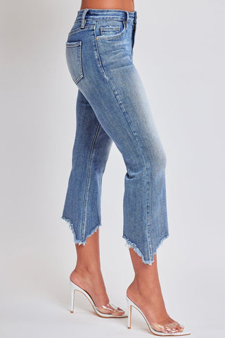 Pants Women's Mid Rise Kick Flare Fray Hem Cropped Jeans