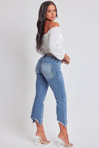 Pants Women's Mid Rise Kick Flare Fray Hem Cropped Jeans