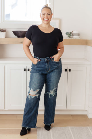 Denim Rose High Rise 90's Straight Jeans in Dark Wash