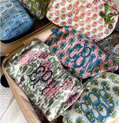 Quilted Block-Print Makeup Bag