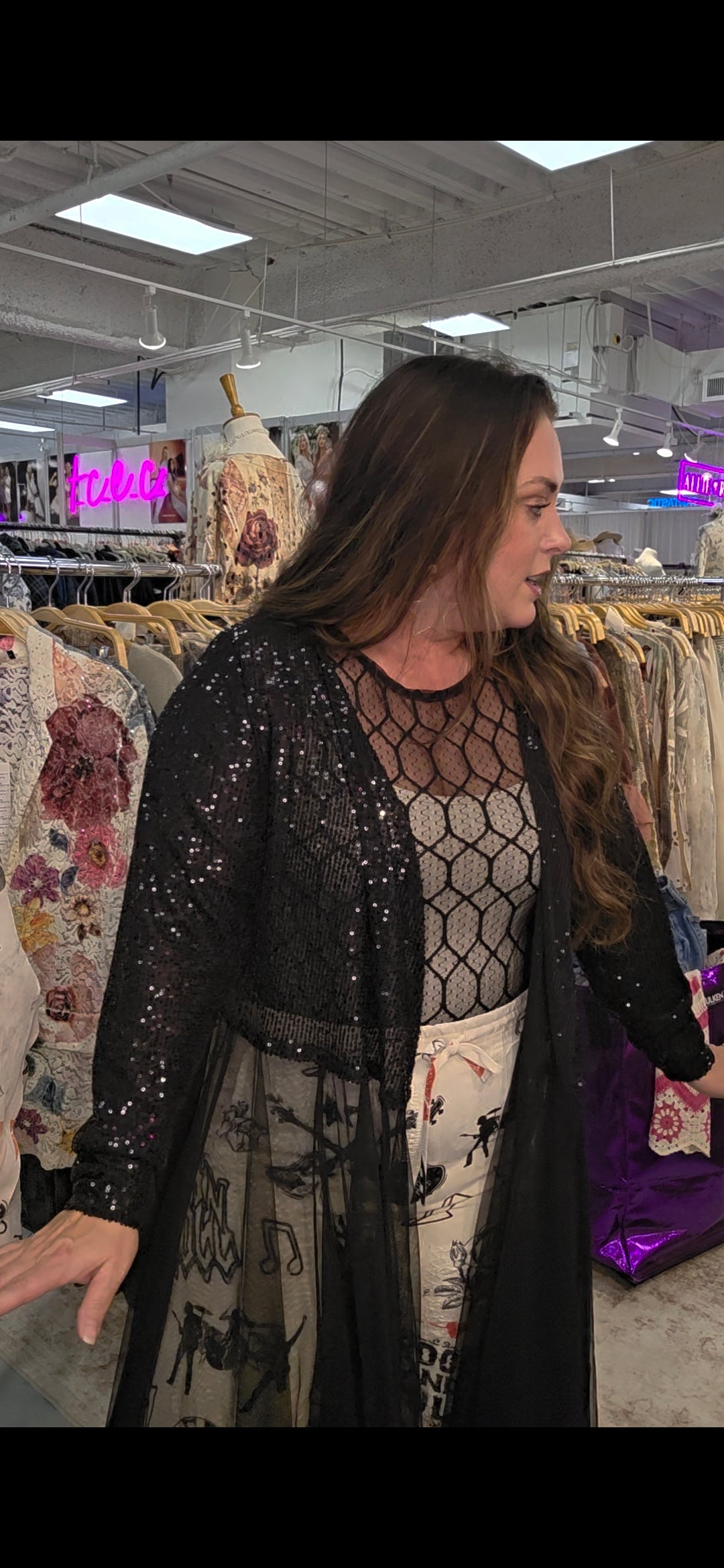 Black Sequin Long Duster With Tulle Skirt