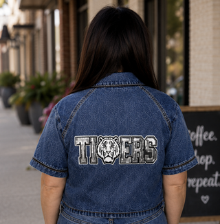 School Spirit Game Day Oversized Denim Top with Custom Sequin Mascot Patch