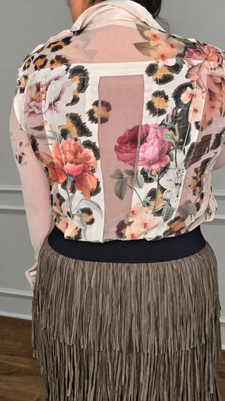 Origami - Leopard Floral Faux Suede Mesh Trimmed Detailed Jacket