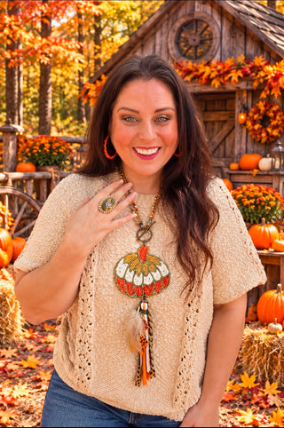 EASEL Boho Lace Trim Poncho Sweater with Side Ties