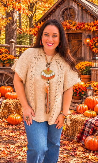 EASEL Boho Lace Trim Poncho Sweater with Side Ties