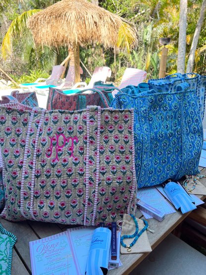 Quilted Block-Print Tote Bag