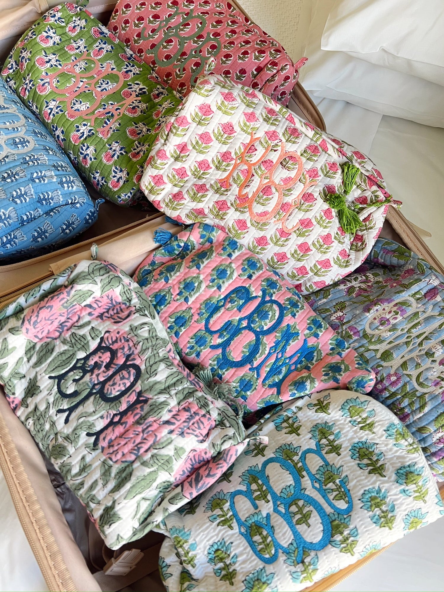 Quilted Block-Print Makeup Bag