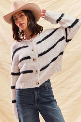 SO ME Stripe Soft Touch Button Cozy Sweater Cardigan