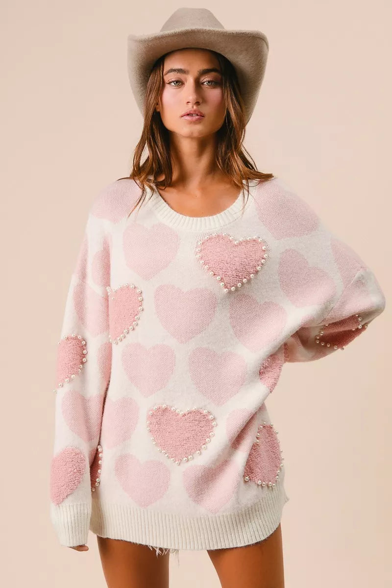 BiBi Heart Pattern Sweater with Pearl Detail