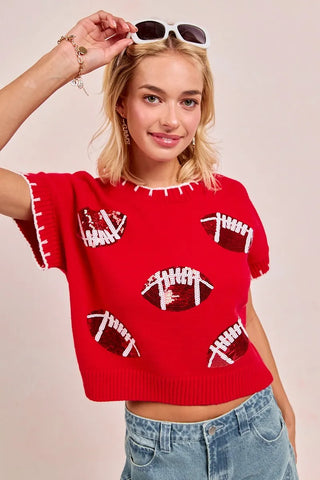 BiBi Gameday Sequin Football Embroidered Stitch Sweater